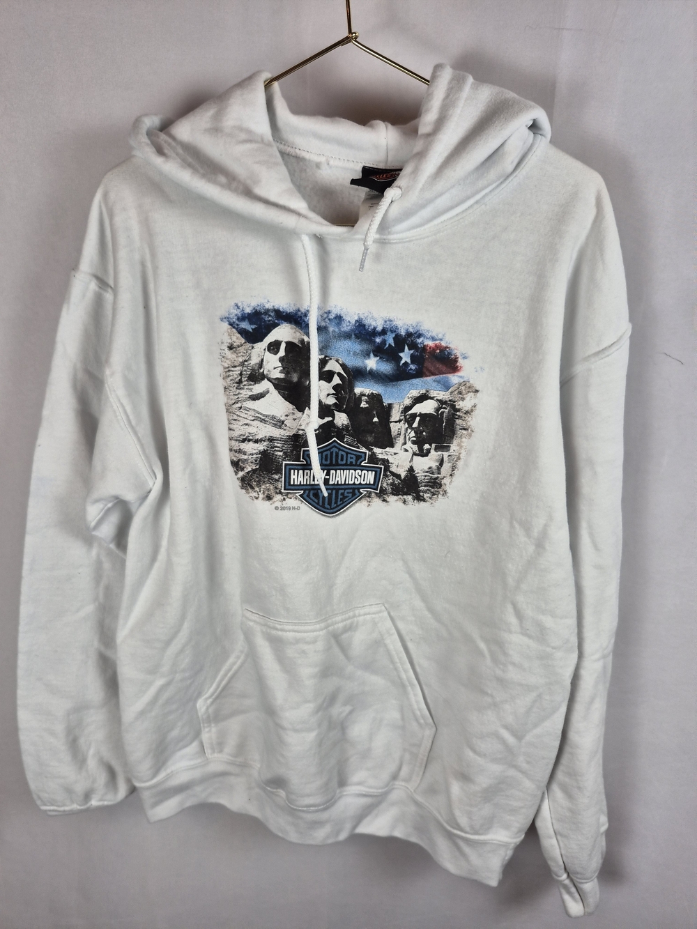 Harley-Davidson White Pullover Hoodie with Mount Rushmore & Flag Graphic Size S